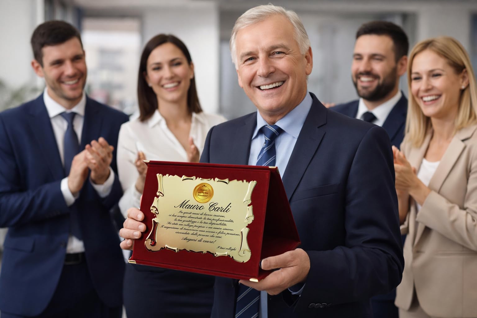 Targa Pensione | Cofanetto con Pergamena | congratulazioni per Pensione | Regalo Pensione Velluto Rosso con Targa