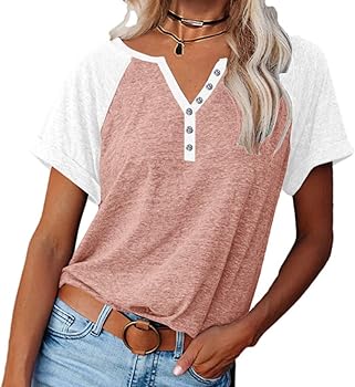MaQiYa Womens Henley V Neck Raglan Short Sleeve T Shirts Color Block Casual Cotton Tees Shirts Tops