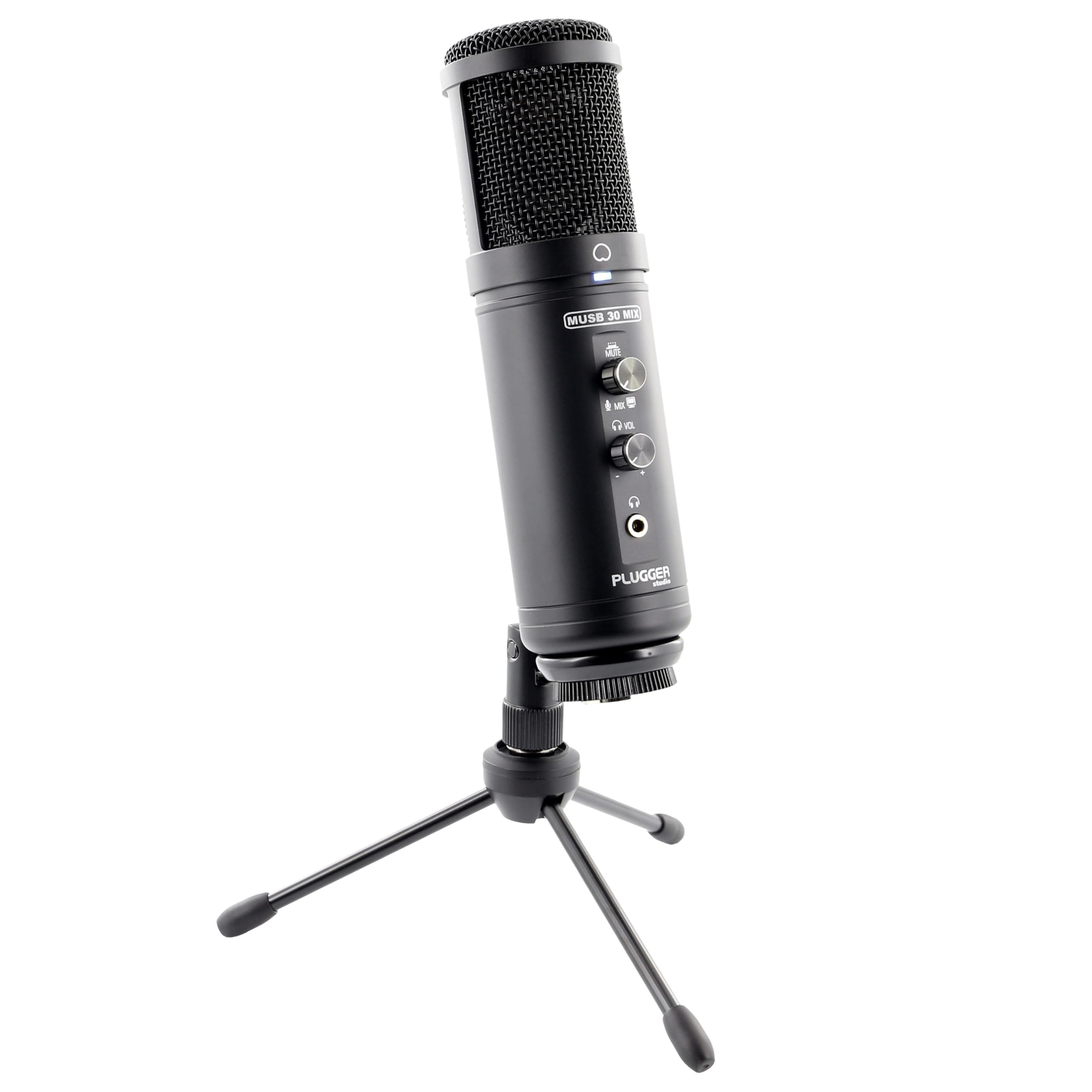 Plugger Microphone condensateur USB professionnel MUSB 30MIX Cardioïde Noir. Streaming Podcast Gaming Enregistrement voix pour ordinateur PC Windows et Mac. Trépied et bonnette inclus. Plug & play.