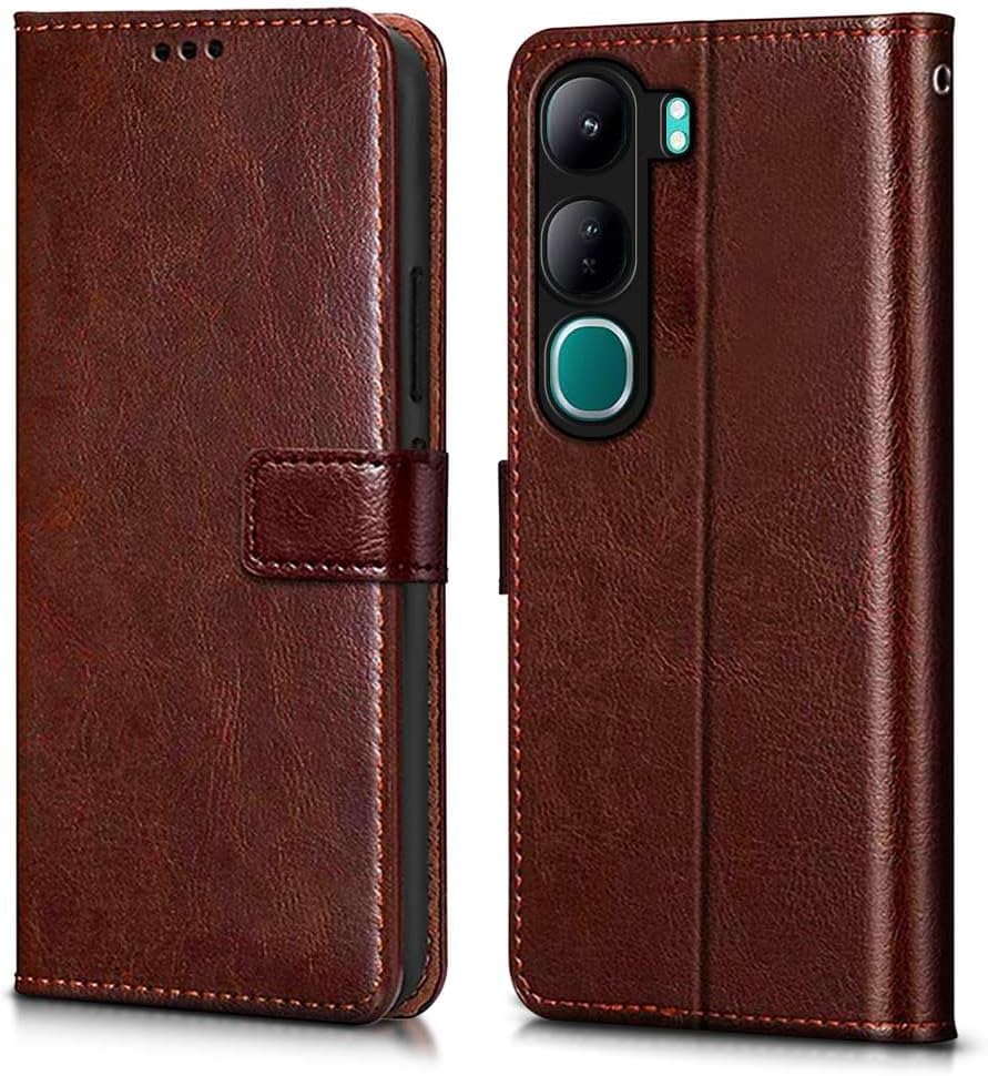 WOW IMAGINE Shock Proof Flip Cover Back Case Cover for Vivo Y300 5G (Flexible | Leather Finish | Card Pockets Wallet & Stand | Chestnut Brown)