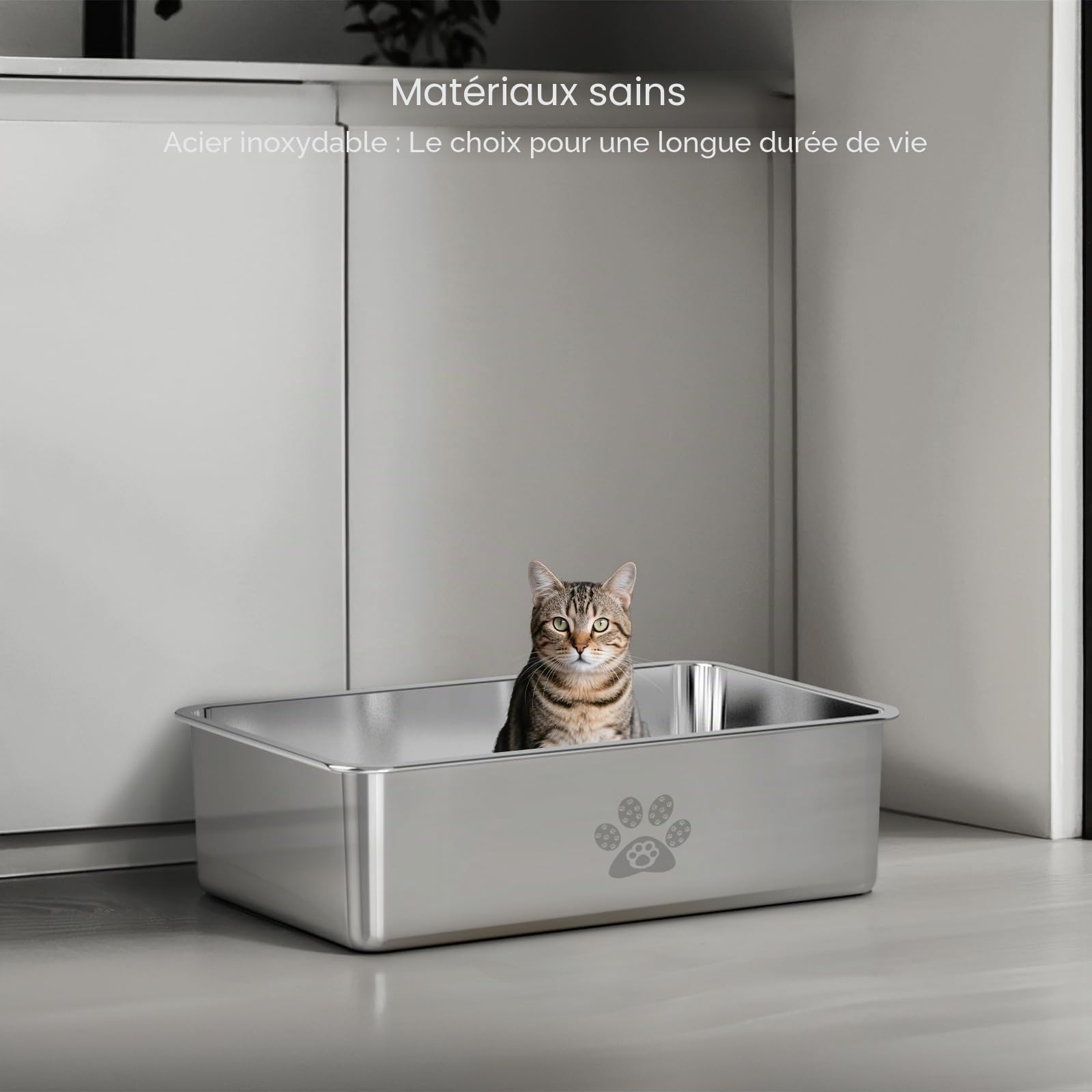 PTLOM Bac Litiere pour Chat Inox Acier Inoxydable Alimentaire: Bac à Litière Chat Entrée Basse Chats âgés, Bords Arrondis – Antirouille, Antiadhésif Convient aux Foyers avec Plusieurs Chats 60x40x20cm