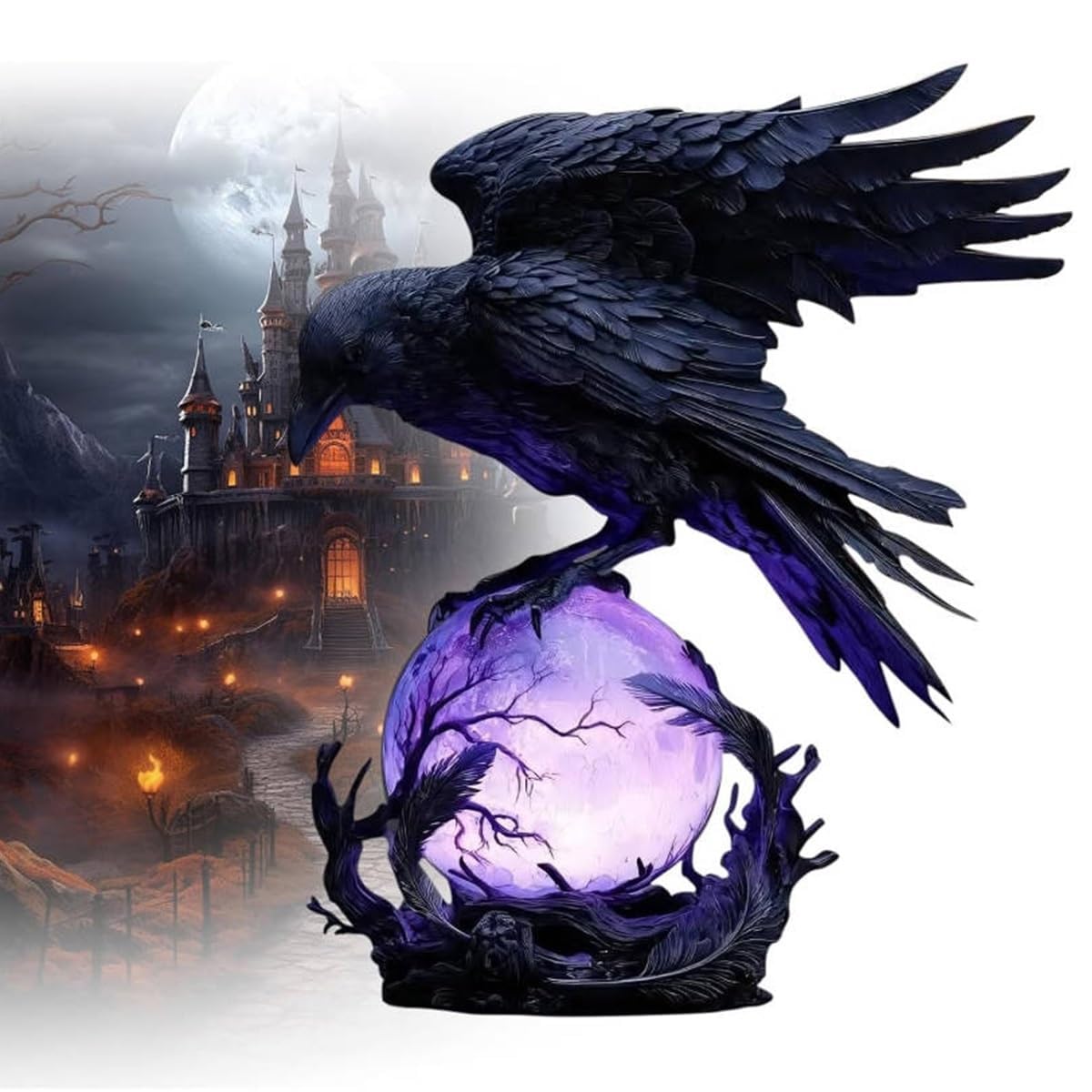Zxdzsw One Color Raven's Moonlight Gothic Led Lamp Spooky Raven Decor For Home, Mysterious Crow On Glowing Orb Sculpture, Academia Decor Adjustable Brightness(B)