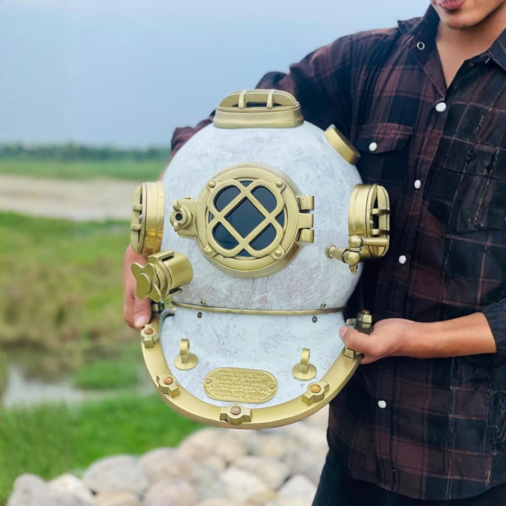 Mark V US Navy Style Diving Helmet, White with Brass Accents, Nautical Maritime Decor, Steampunk Design with Black Display Base, 18 Gauge Steel