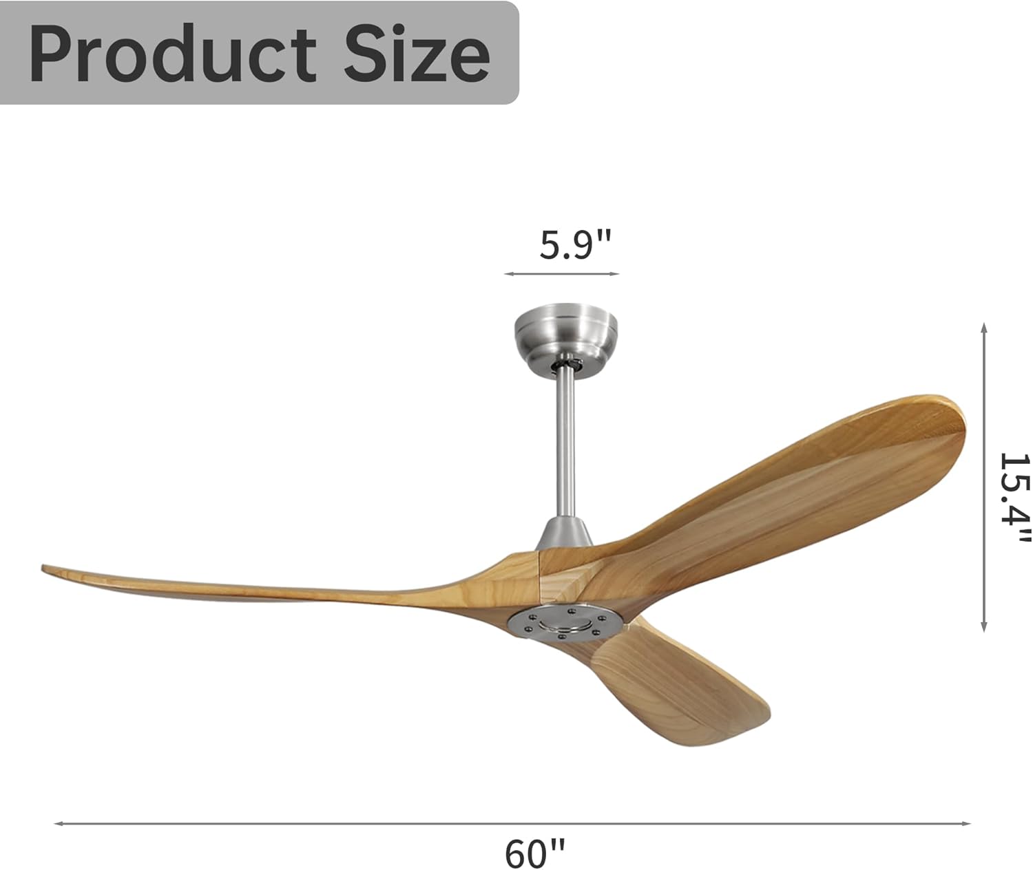 60 Inch Outdoor Ceiling Fan Without Light 3 Solid Wood Blade with DC Motor Remote Control, Weatherproof, 6 Speeds