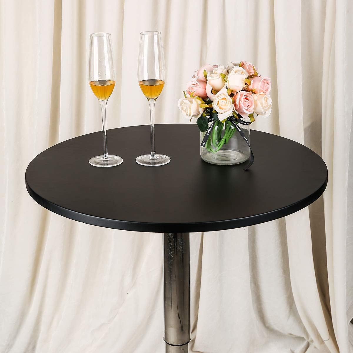 JISEN Cocktail Waterproof Round Table Topper Cap Polyester Fitted Stretchable Tablecloth Cover 48 Inch D-Black