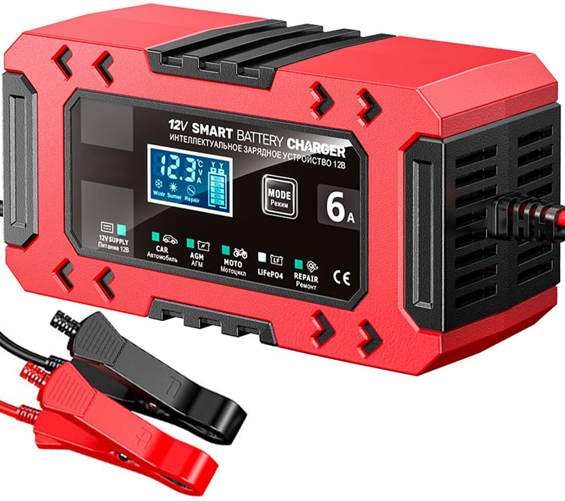6A Car Battery Charger, 12V Automatic Smart Charger Monitor Battery with Temperature Compensation for Car, AGM, Gel, Wet, SLA for Lead Acid Batteries and LiFePO4 Batteries