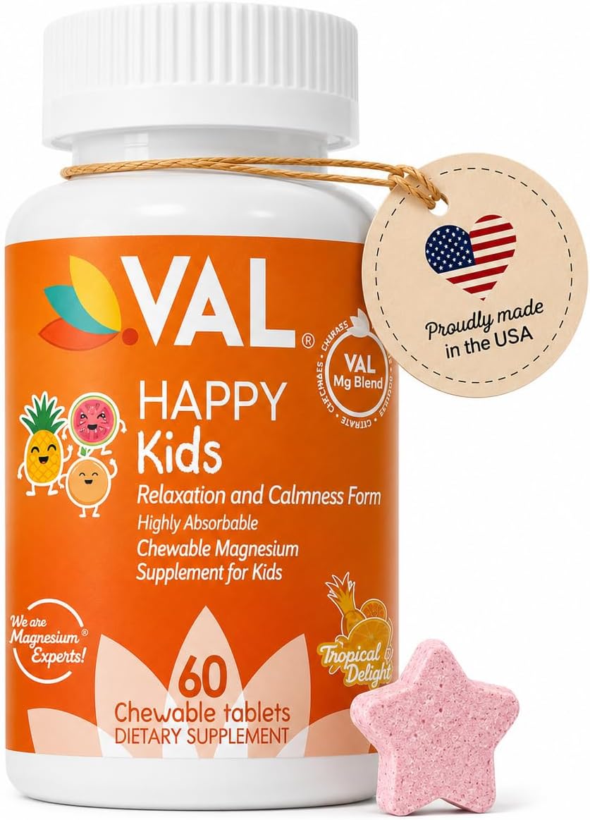 VAL Magnesium for Kids | High-Absorption Magnesium for Calm, Relaxation & Focus | Mg Glycinate, Citrate & Taurate | with Vitamin B6, D & C | Sugar-Free, Non-GMO | 60 Chewable Tablets