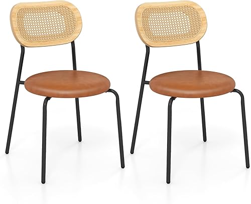 Giantex Juego de 2 sillas de comedor de ratán, sillas de cocina tapizadas con patas de metal, carga máxima de 300 libras, sillas laterales de