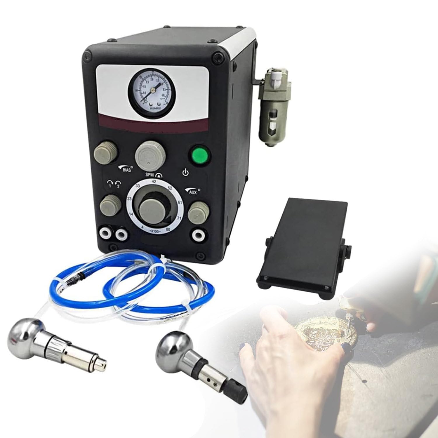 Máquina de Grabado neumática de Doble Cabezal, máquina de Grabado de joyería 110v220v, Herramienta de Grabado multifunción para joyería Artesanal Madera de Hierro Forjado