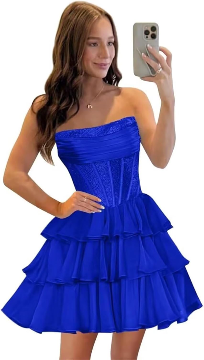 Fashionbride Strapless Chiffon Homecoming Dresses A Line Sequin Tiered Prom Dress Short Corset Cocktail Party Gown AP144