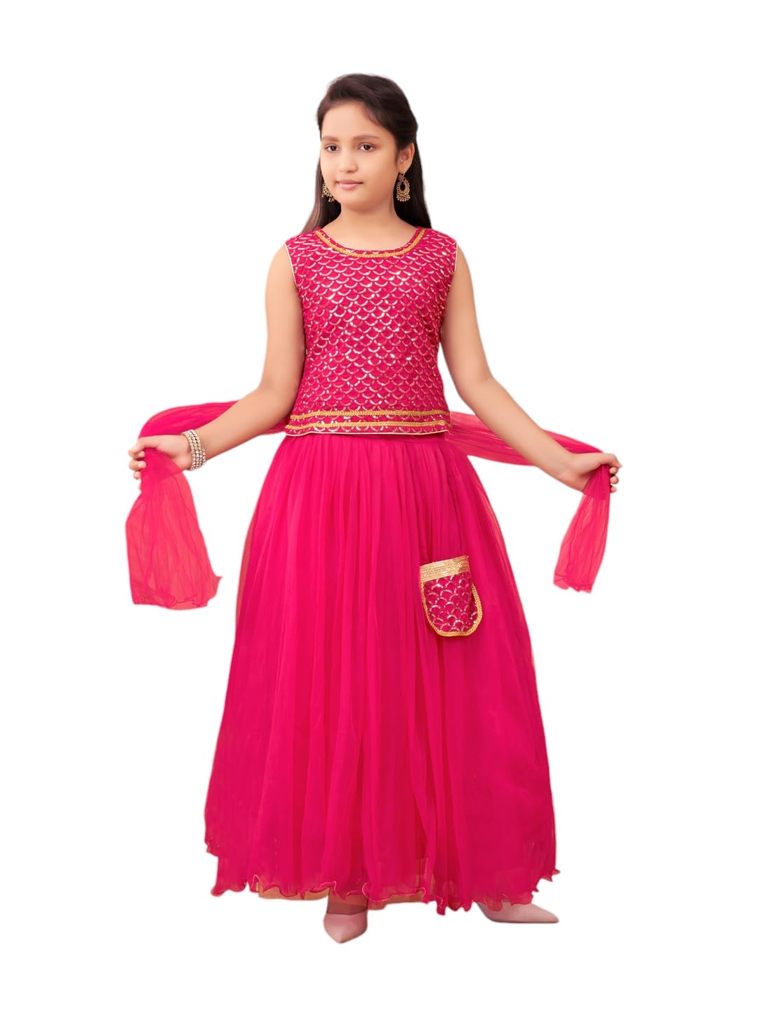 Aarika Girls Ethnic Wear Rani Colour Sequin Embroidery Georgette Lehenga Choli Set Attached Bag (4-15 Years)