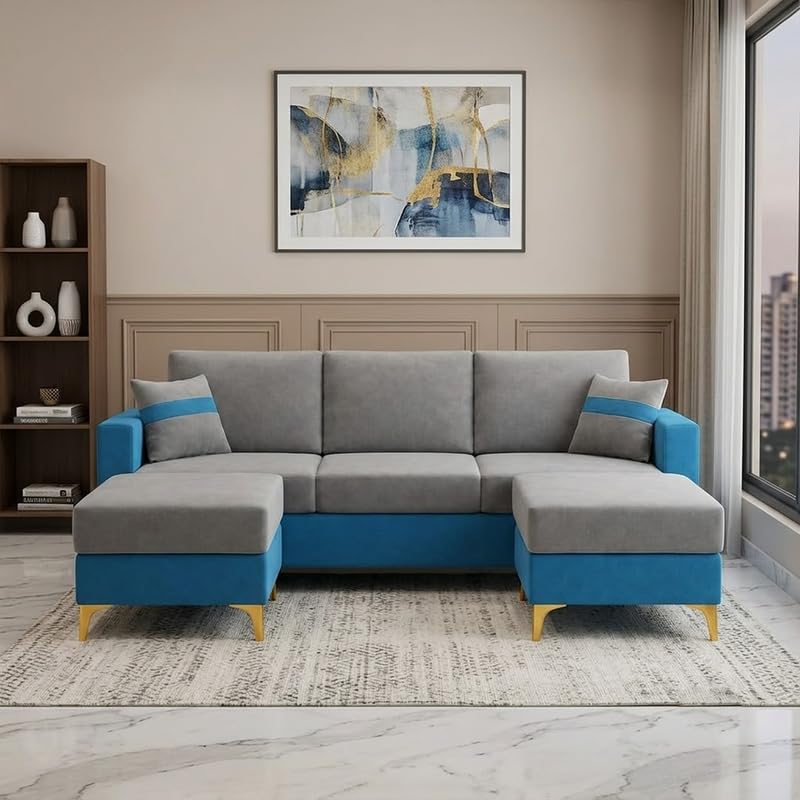 Image of Strike Dual Tone Plush 5 Seater L Shape Sofa Set with 2 Movable Ottomans | Flexible Layout | Silken Velvet Suede|Golden Metal Legs| for Living Room & Office Spaces (Aqua Blue & Dark Grey)