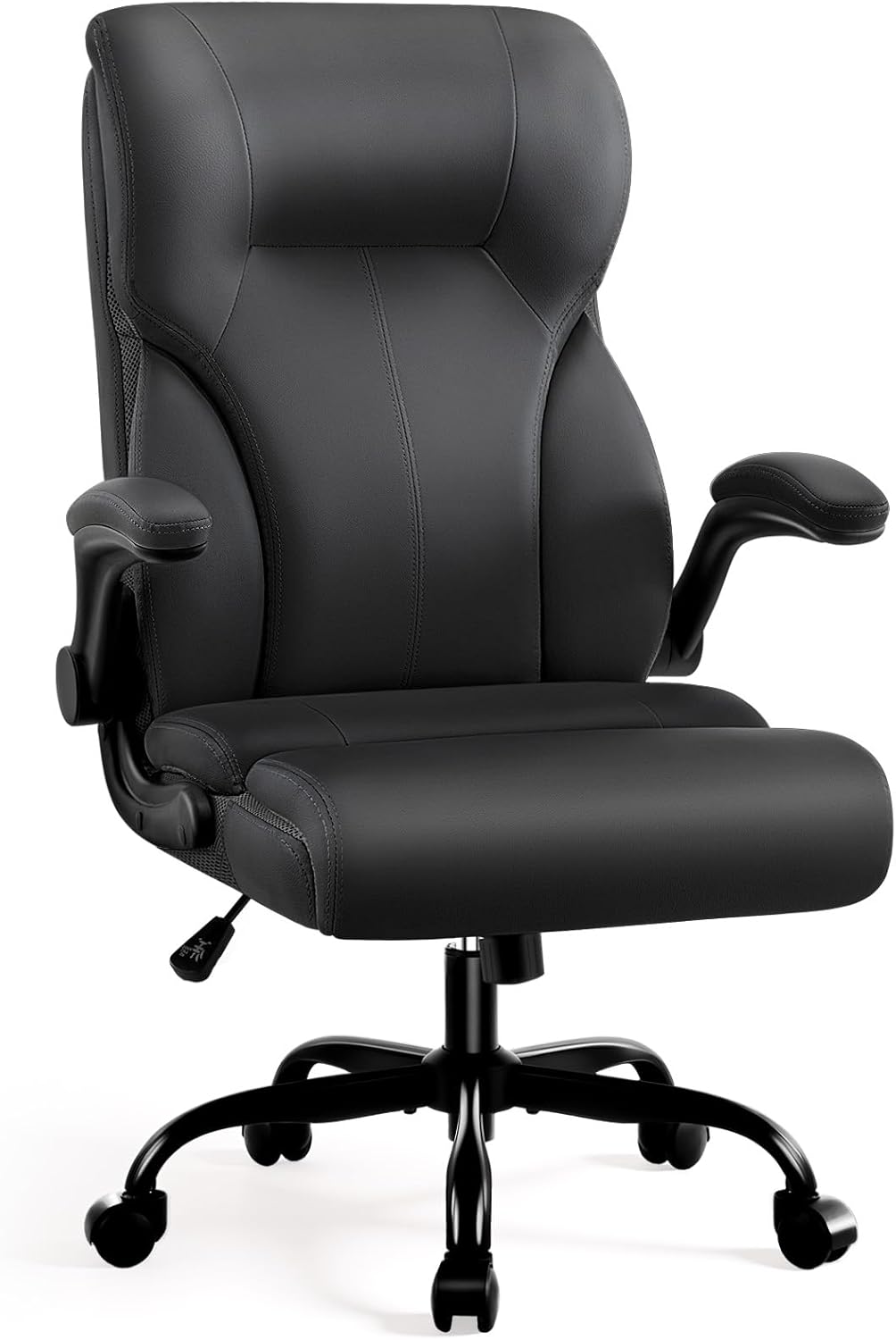 Executive Office Chair,High Back Ergonomic Comfy Desk Chair with Padded Flip-up Armrests and Wheels,PU Leather Heavy Duty Computer Swivel Rolling Task Chair for Home Office,Adults,Black