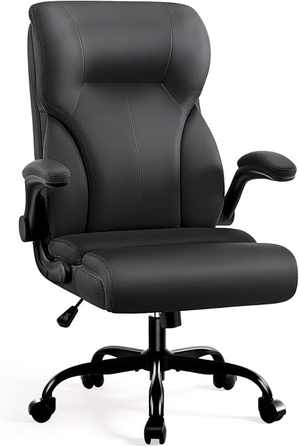 AreShark Executive Office Chair, High Back Ergonomic Comfy Desk Chair with Padded Flip-up Armrests and Wheels, PU Leather Heavy Duty Computer Swivel Rolling Task Chair for Home Office, Adults, Black