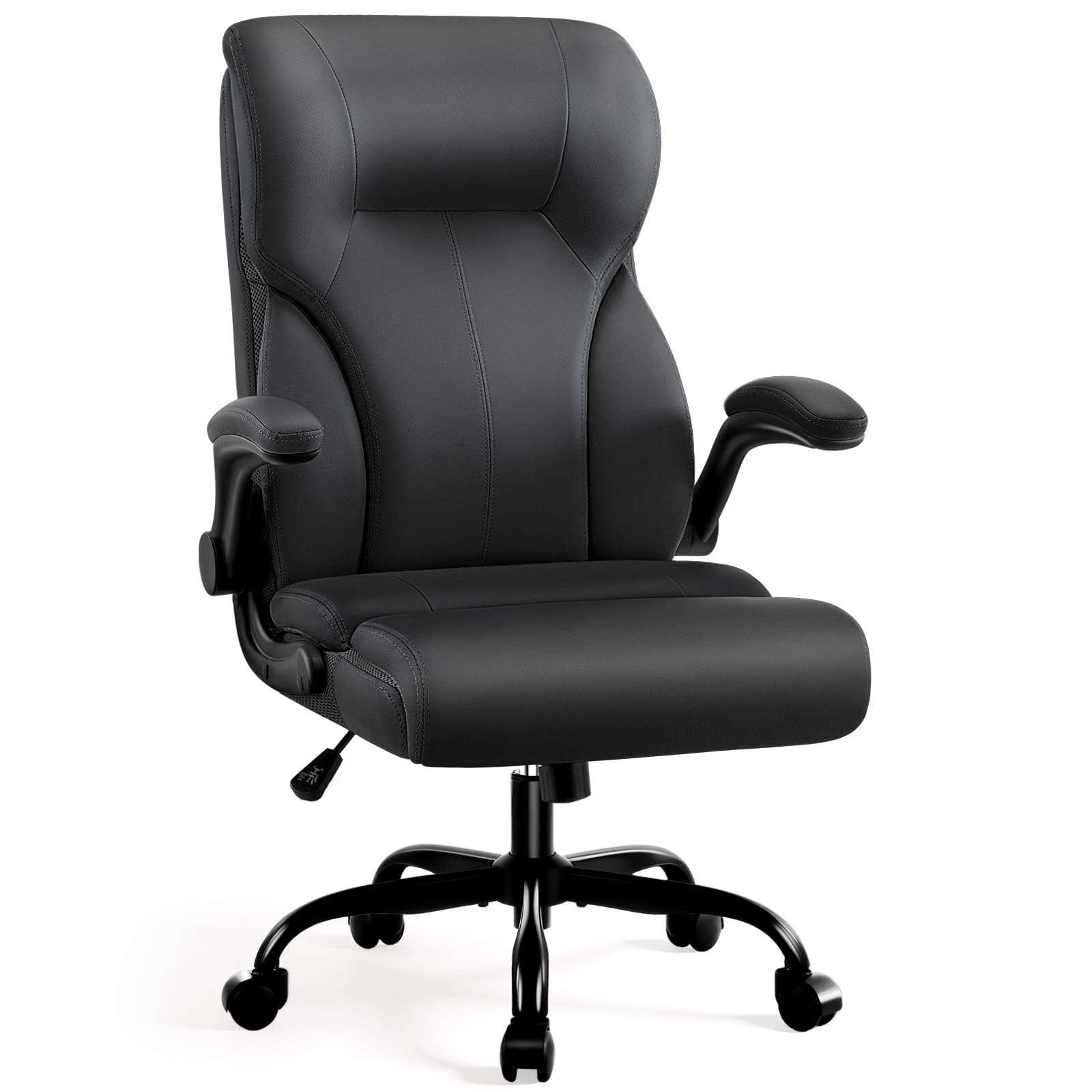 Executive Office Chair, High Back Ergonomic Comfy Desk Chair with Padded Flip-up Armrests and Wheels, PU Leather Heavy Duty Computer Swivel Rolling Task Chair for Home Office, Adults, Black