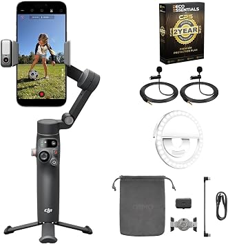 DJI Osmo Mobile 8 Smartphone Gimbal Stabilizer Bundle with 2X Deco Essentials 3.5mm Clip-On Mini Lapel Microphone + LED Cordless Smartphone Ring Light + Premium CPS 2 Year Extended Protection Plan