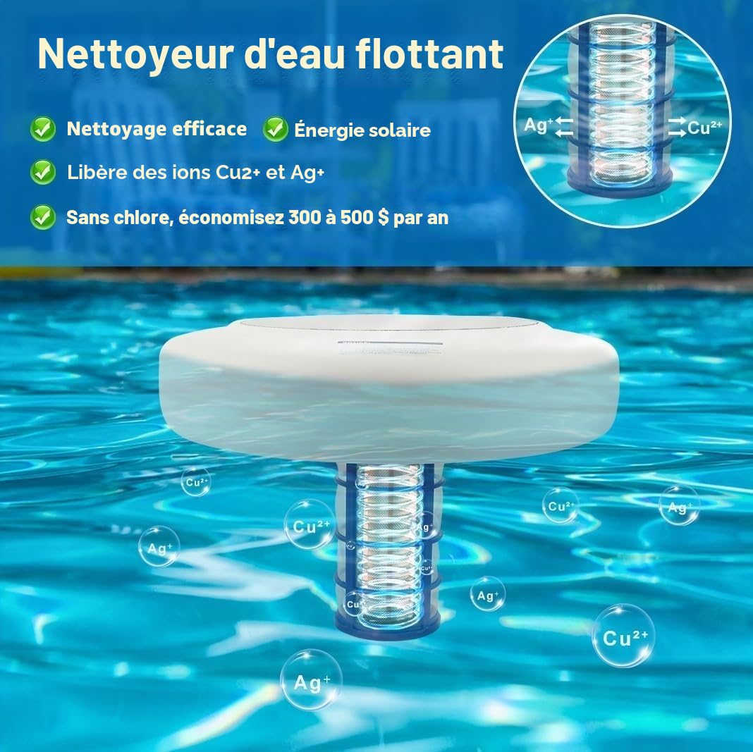 Ioniseur solaire pour piscine - Nettoyeur flottant très efficace - Pour piscine - Cuivre - Ions d'argent - Nettoyeur d'eau de sécurité - 27 x 26 x 21 cm