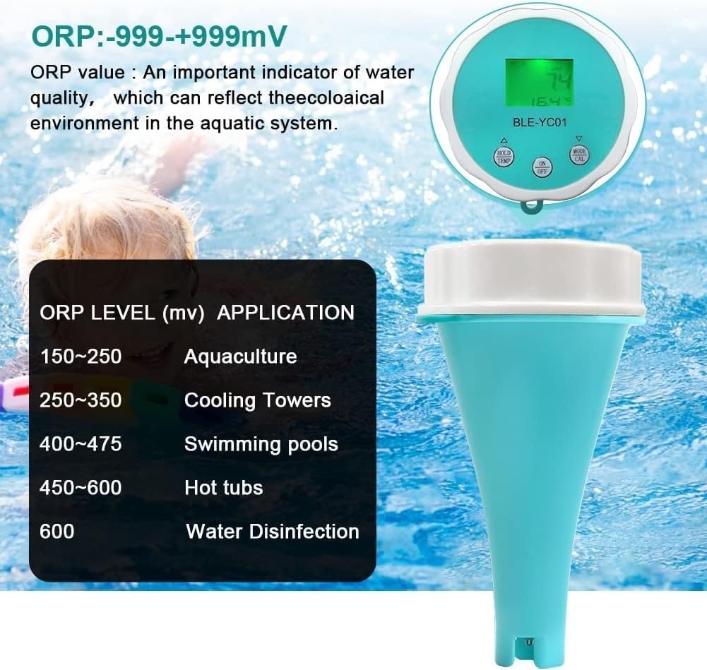 Probador De Calidad De Agua De Piscina con Bluetooth, Monitor Digital De Temperatura Y Cloro, Termómetro 6 En 1 para Piscina, Ph, Cl, EC, Tds, Orp Y Temperatura para Piscinas Y Acuarios.