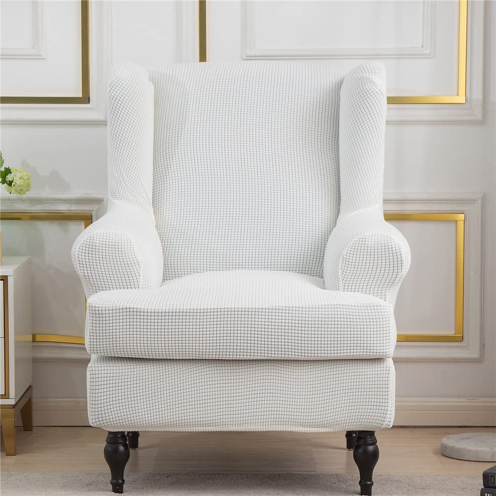 Highdi White Wingback Chair Covers 2 Piece Stretch Wing Chair Slipcover, Washable Solid Color Corn Velvet Sofa Cover Furniture Protector For Armchair Chairs Hotel Living Room Bedroom (White)