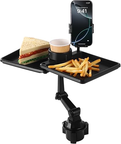 Miniatura 1 de Bandeja para portavasos para automóvil, bandeja para portavasos de automóvil con soporte para teléfono, bandeja de mesa para automóvil, rotación