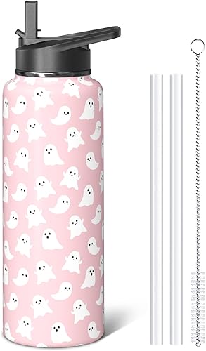 Miniatura 24 de Botellas de agua de fantasma de Halloween de 40 onzas con popote abatible y tapa de boquilla, bonita botella de agua de acero inoxidable Botella