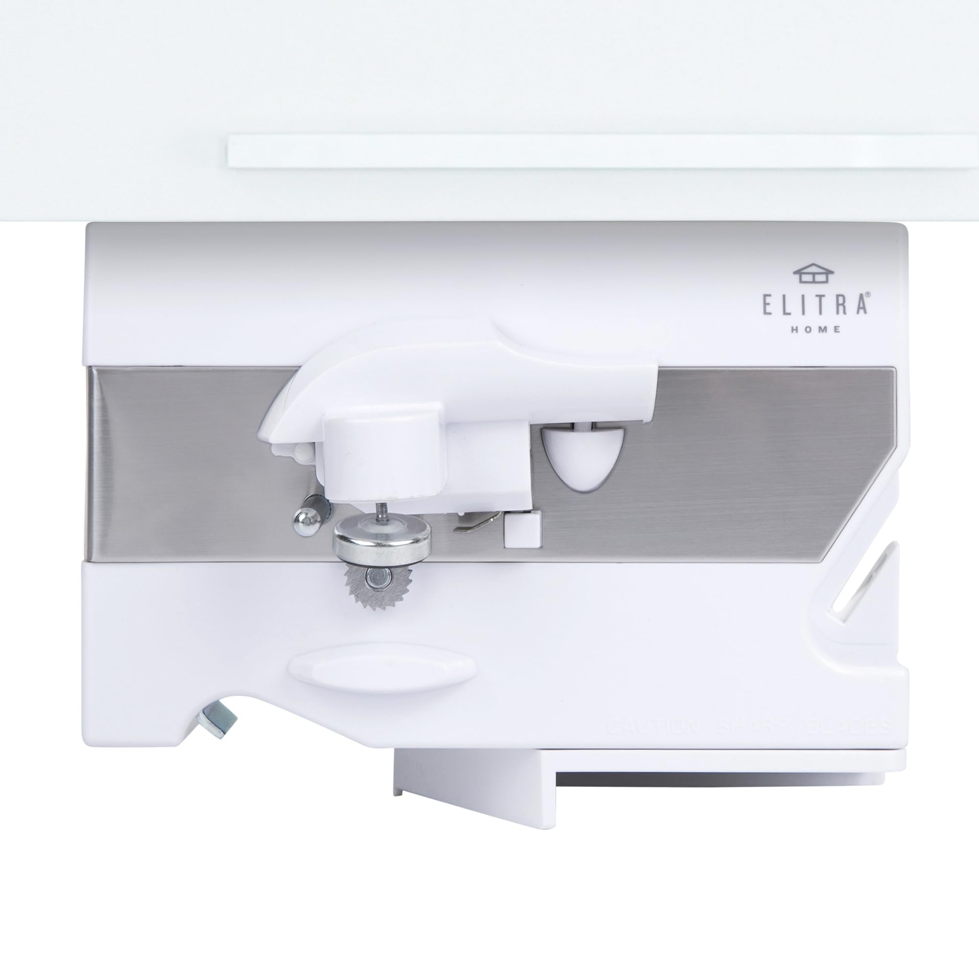 Elitra Home Electric Can Opener - 4 in 1 Under the Cabinet Mounted Can Opener, Blade Sharpener, Bottle Opener, Mounting Bracket for Seniors with Arthritis - Elitra Home (White)