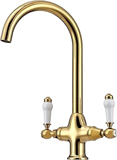 Traditional Kitchen Sink Mixer Tap with White Ceramic Dual Handle 360 Swivel Gooseneck Spout 1 Hole Faucet Taps Mixers Bright Gold