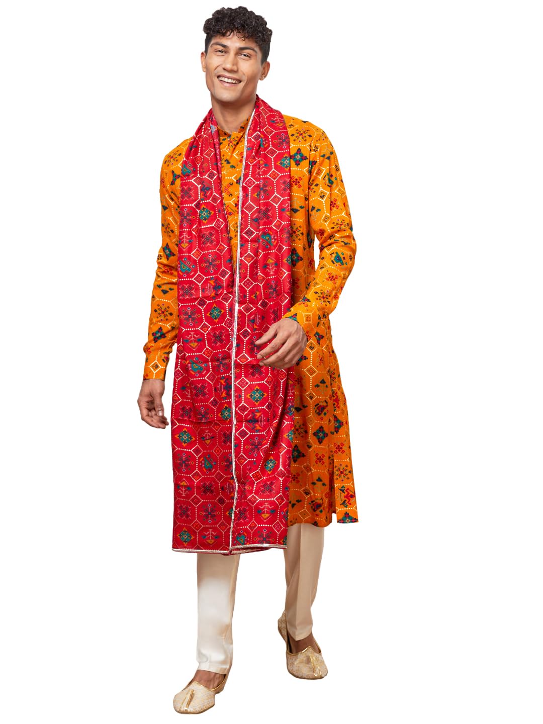 Kurta ensemble de pyjama en soie mélangée jaune imprimé robe - 8