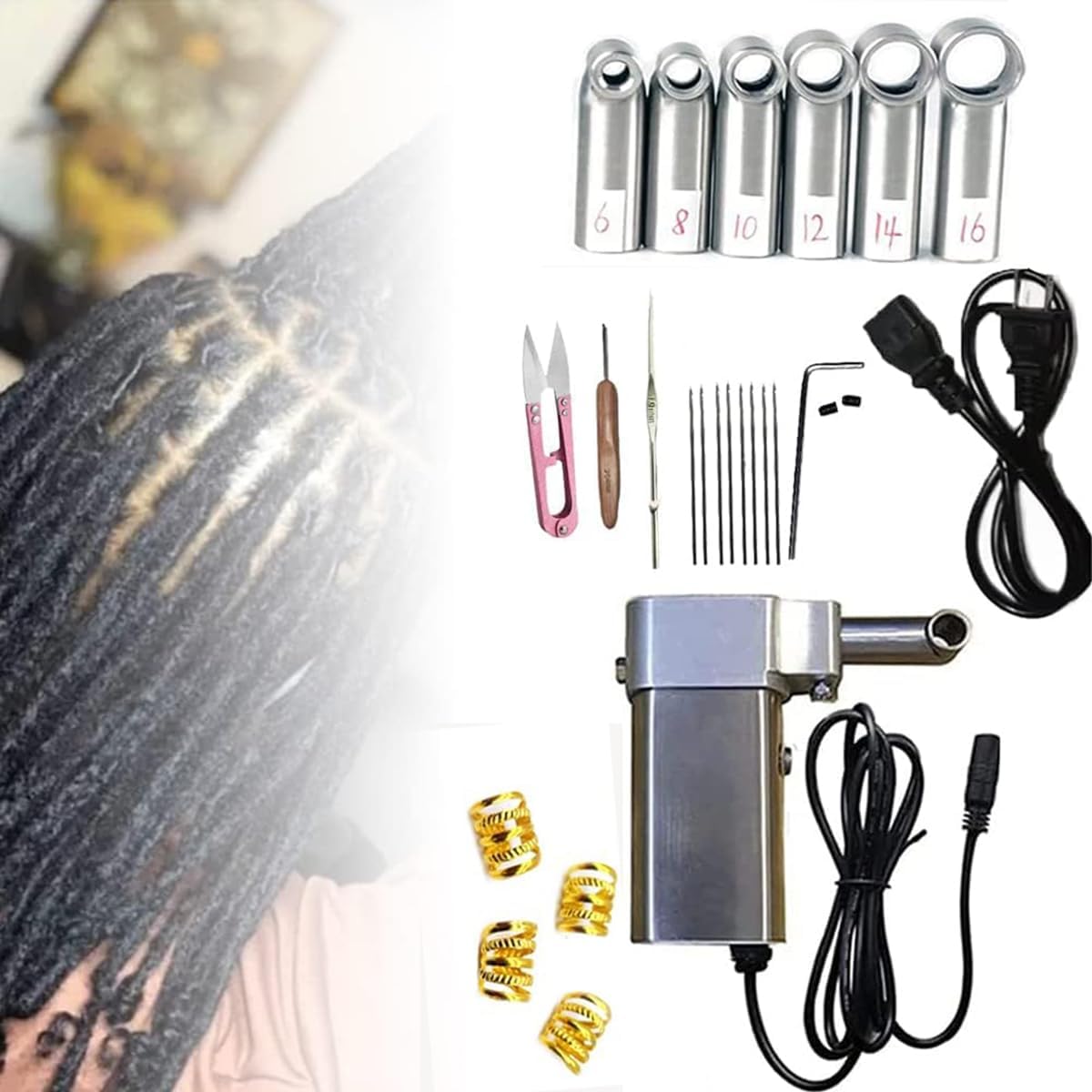 Electric Dreadlock Machine, Handheld Instant Crochet Braiding Tool with 6 Heads and 20 Needles for Easy DIY Hair Extensions