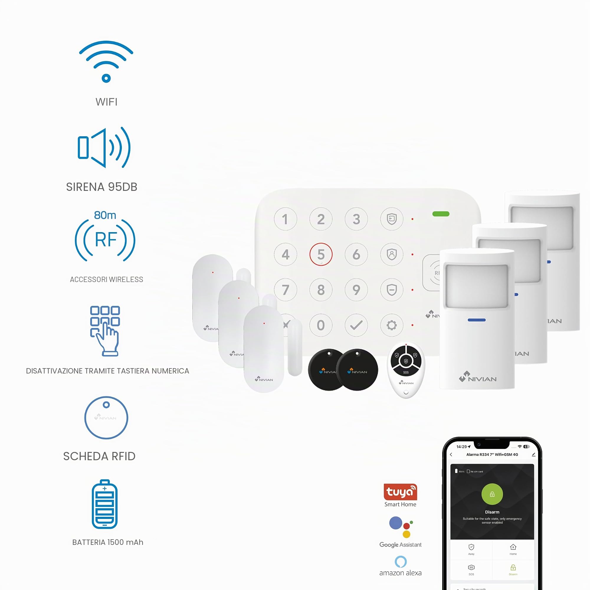 Nivian Sistema di Allarme WiFi con Tastiera e RFID – Kit Antifurto Wireless per Casa o Ufficio – Connessione WiFi, App Tuya, Sensore di Movimento e Porta, Sirena Integrata, Telecomando e 2 Tag RFID