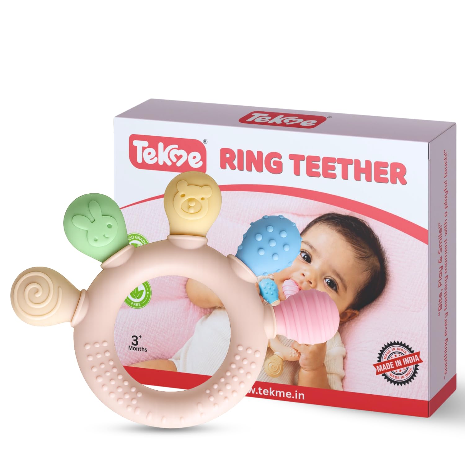 Tekme Silicone Ring Teether for Babies 3-12 Months | Made in India Baby Teething Toys | BPA Free Food Grade Silicone Teether | Sensory Chew Toy with Multiple Textures & Easy Grip Design (Pack of 1)-image-36