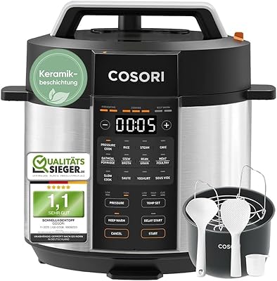 COSORI Schnellkochtopf, Keramikbeschichtung, 9-in-1, Multikocher mit 14 Funktionen, Pressure Cooker 5,7 L, Reiskocher, Dampfgarer, Joghurtbereiter, Slow cooker und Sous Vide, Rezeptbuch, Edelstahl