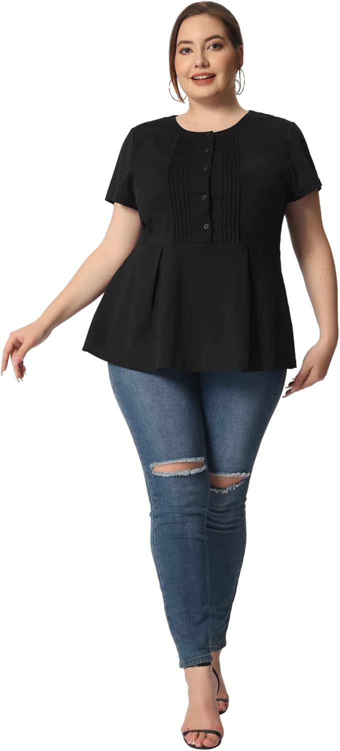Agnes Orinda Plus Size Peplum Tops for Women Summer Round Neck Short Sleeve Button Fake Work Shirt Top - Image 3