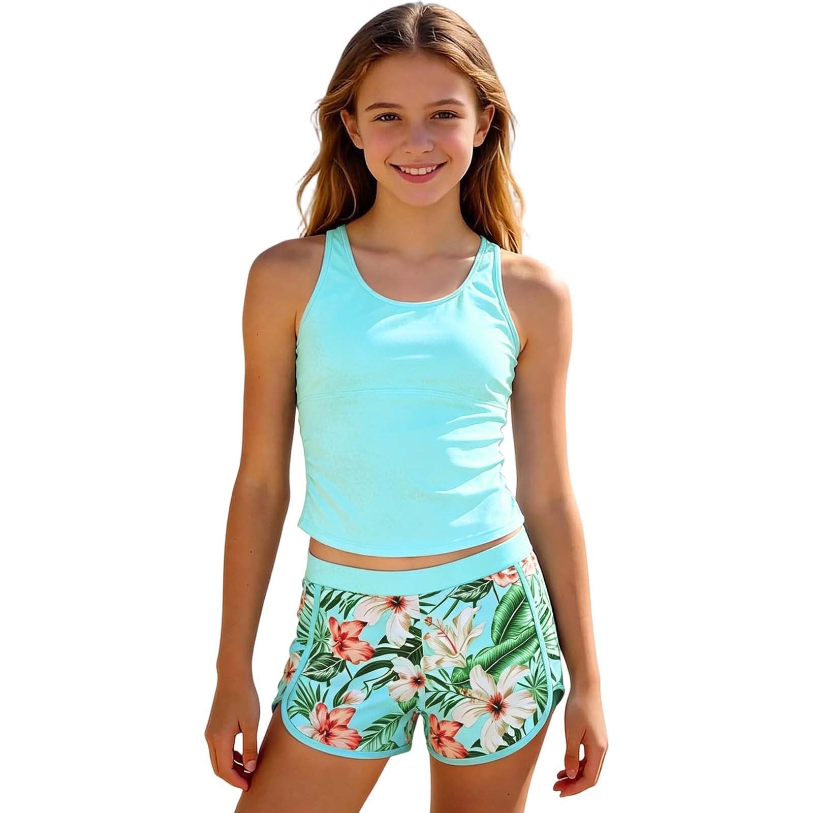 Mädchen Bikini Set Badeanzug 2-Teilig Einfarbig Badeshirt und High Taille Badeshorts mit Kordelzug Zweiteiliger Hawaiian Badebekleidung Strand Bademode Regular Tankini Sommer Schwimmanzug