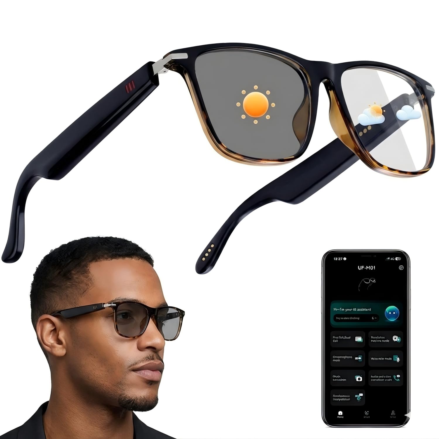 padom ai smart glasses for men & women, bluetooth smart glasses with 165+ languages, photochromic lenses, ai assistant, touch control & ipx5 water-resistant for travel & work(brown)