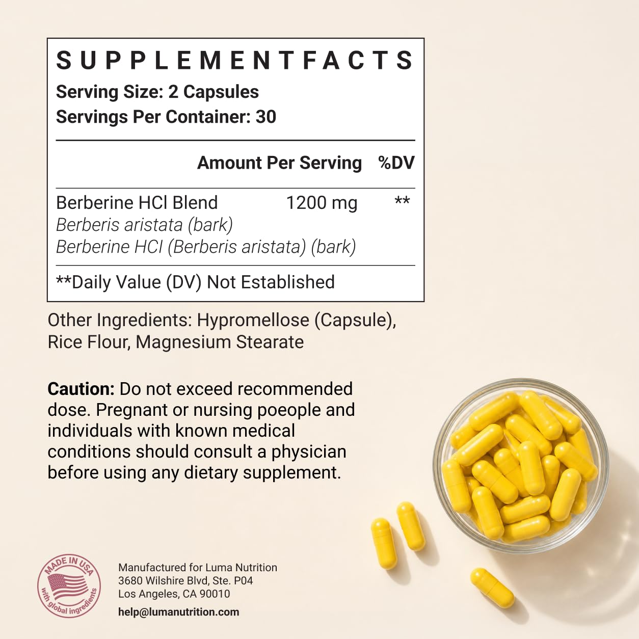 Luma Nutrition Pure Berberine Supplement - Berberina 1200mg - 60 Capsules — Amazon image 5