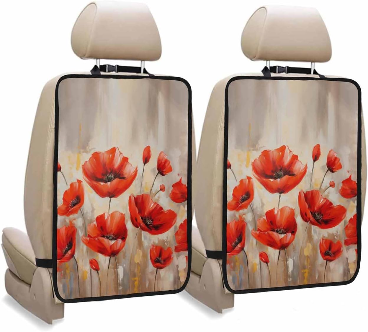 T&H XHome Car Seat Protector, 2 Pack Kick Mats Back Seat Protector Spring Floral Watercolor Red Poppy Botanical Plant Waterproof Backseat Cover for Kids Universal Fit Automotive Interior Protectors