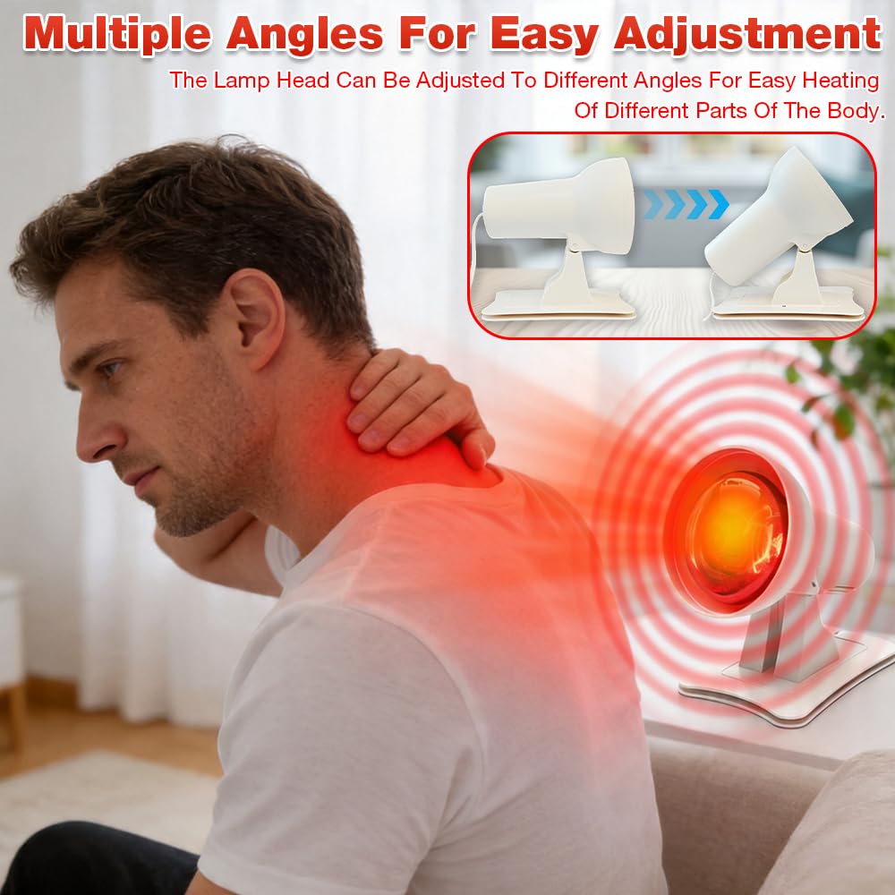 Rotlichtlampe Wärmelampe, 150W Infrarotlampe mit 3 Stufen Timer und 4-stufige Temperaturregelung, 45° Einstellbarer Rotlichtlampe Therapie, Infrarot Lampe für Entspannende Wärme