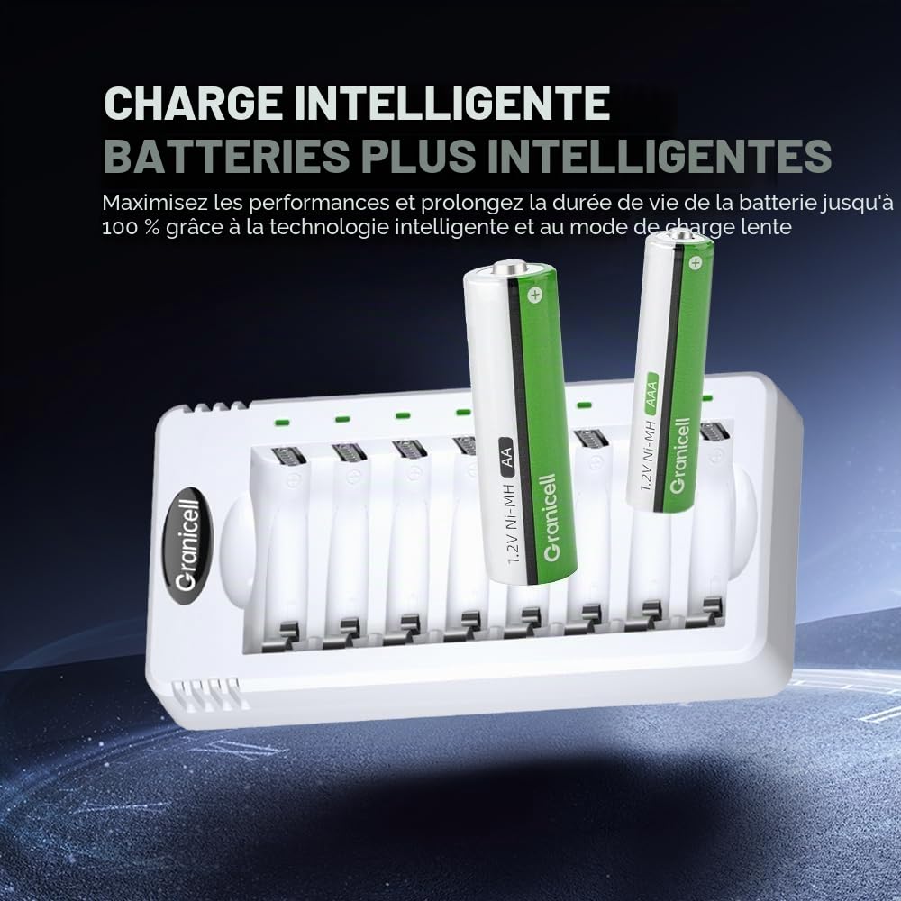 Granicell Kit de Chargeur avec 8 Piles AA et 8 Piles AAA Rechargeables NiMH - Charge Rapide