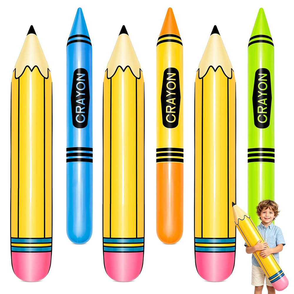 Foreverup 6 Pcs Giant Inflatable Crayon, Giant Inflatable Crayon Pencil Balloons Set, Blow Up Pencil Prop Kit for Back to School Classroom Events and Birthday Party Decorations