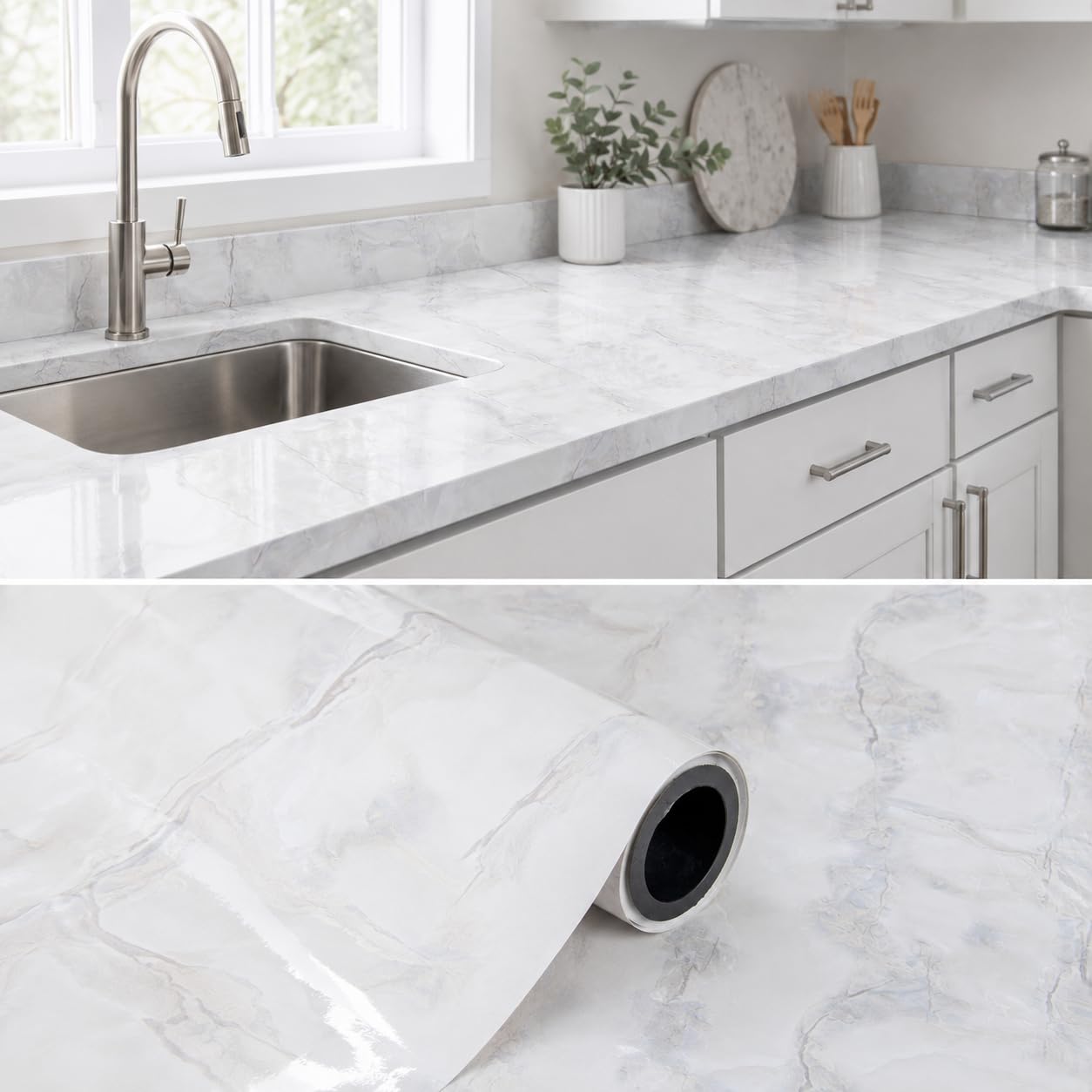 FORIVO White Grey Marble Sticky Back Plastic Roll 52 x 500 cm, Kitchen Worktop Vinyl Wrap, Gloss Waterproof Self Adhesive Wallpaper for Countertops, Cupboards and Furniture