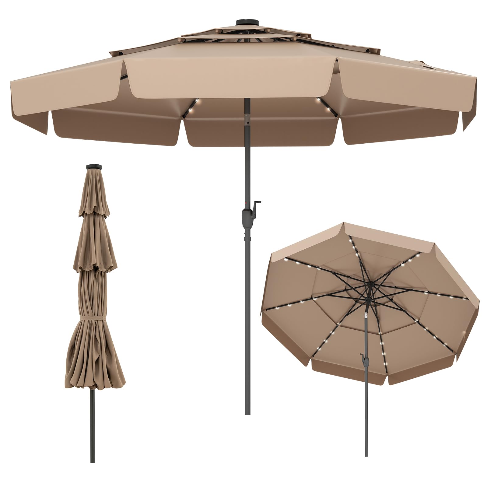 COSTWAY Sombrilla Terraza Exterior 3M, Parasol Jardin Solar con 32 Luces LED, Parte Superior Ventilada de 3 Niveles, Volantes, Ajuste de Inclinación 35°, Manivela, 8 Varillas