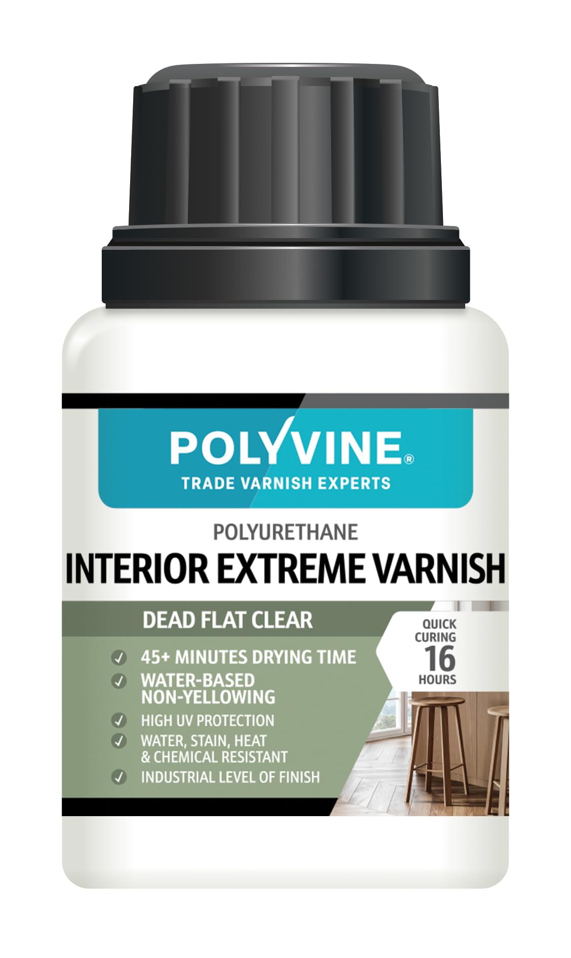 Polyvine Interior Extreme Varnish Satin or Dead Flat – Quick Dry Polyurethane Clear Coat Multi Use Protective Coating - Water-Based, UV, Heat, Stain, Water Resistant Sealer, Dead Flat, 100ml