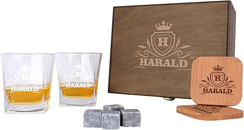 Personalized Whiskey Glasses Set with Wooden Box - Engraved Whiskey Decanter Set for Men, Whiskey Glasses and Stones For Christmas Gift, Six Designs
