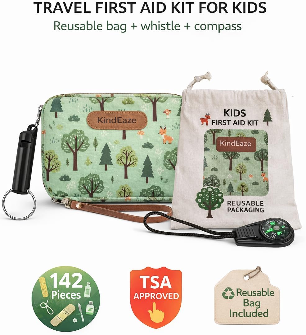 Travel First Aid Kit for Kids – 142 Pc. for Car, Home, Purse - Mini First Aid Kit Travel Size TSA-Approved. Includes Reusable Bag, Whistle and Compass.