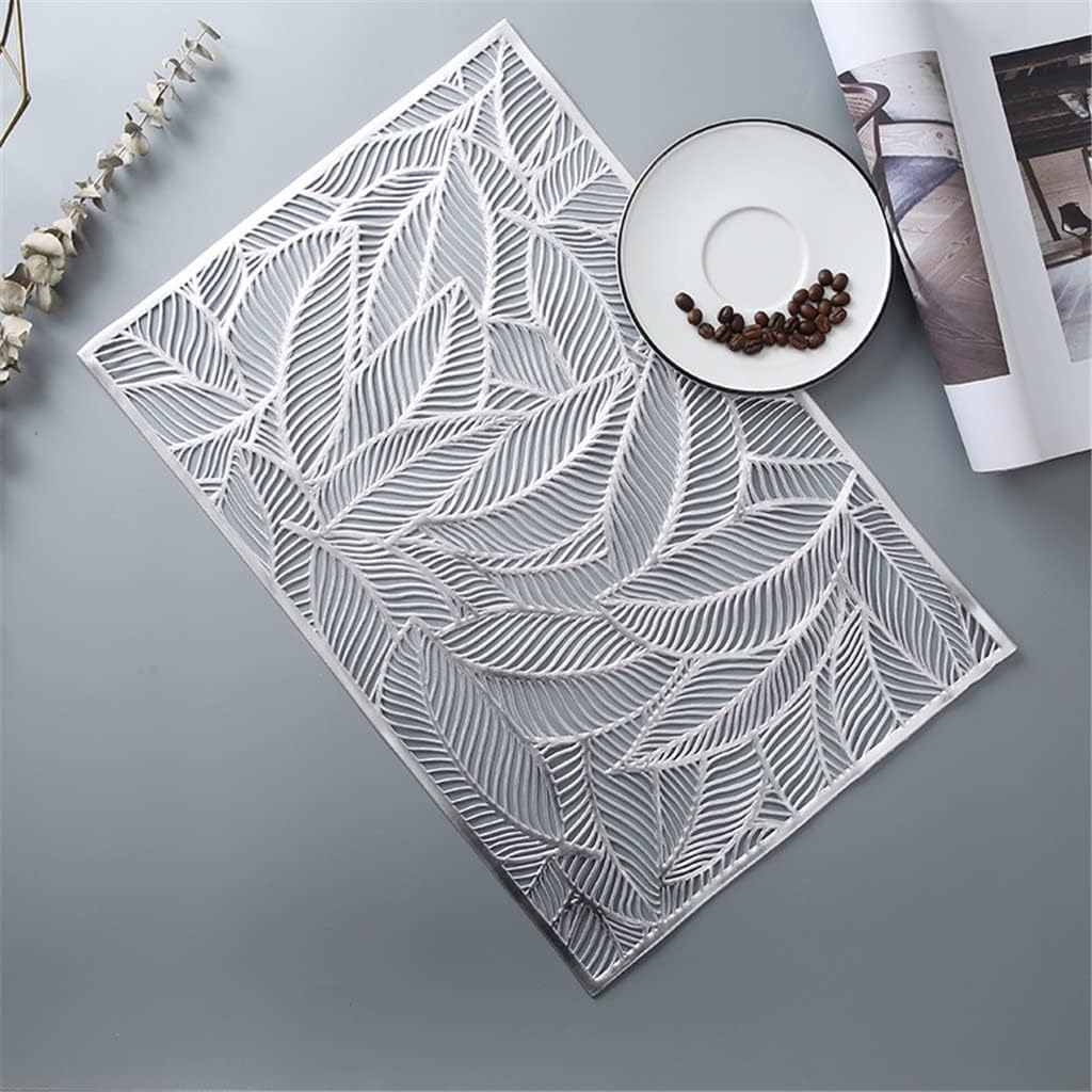 4pcs Rectangle Leaves Hollow Out Place Mat Insulation Table Cover Decoration Use for Home Restaurant Washable(Gray)