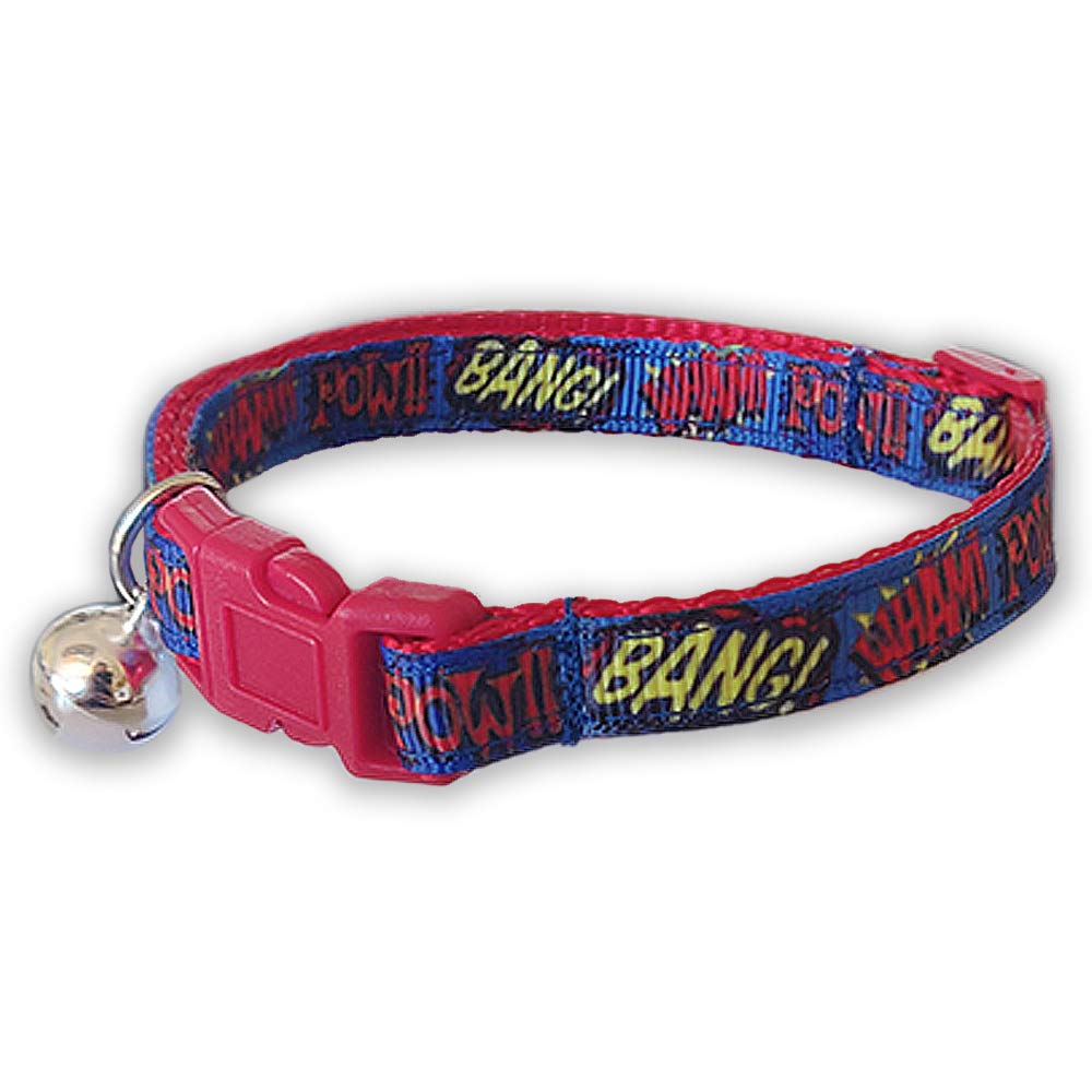 Spoilt Rotten Pets Superhero Punch Up Pow!! Bang!! Wham!! UK Made Cat Collar With Bell & Safety Buckle
