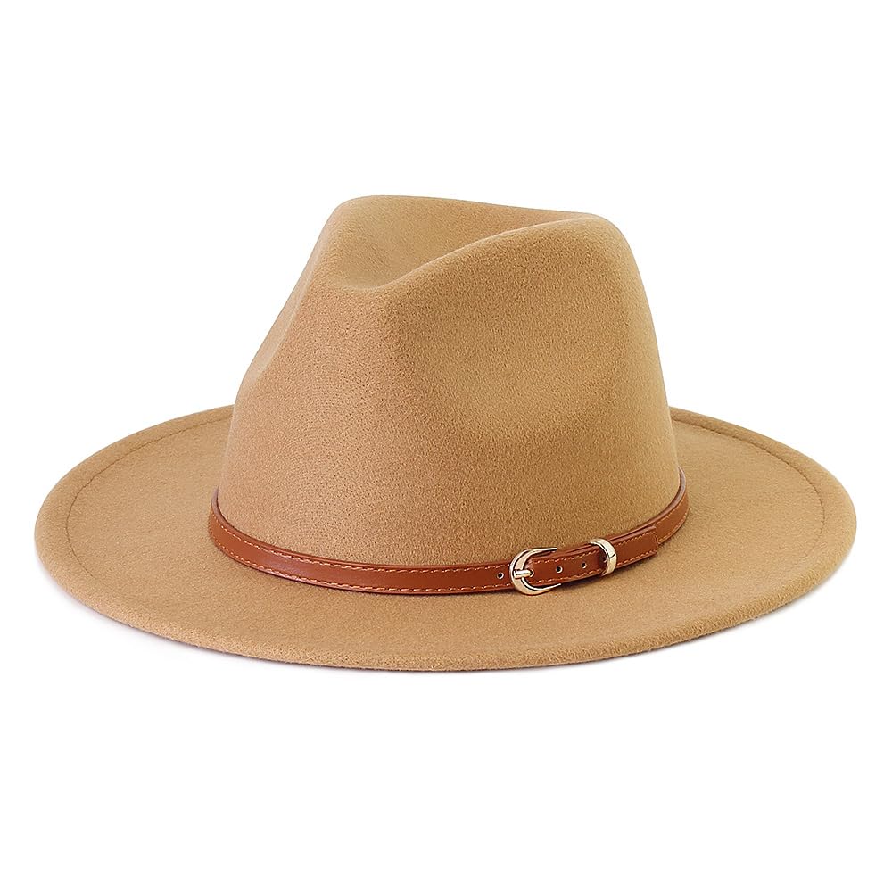 LolliWeaver Women Fashion Flat Wide Brim Teardrop Crown Felt Fedora Hat with Hat Belt