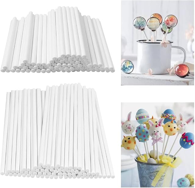 KBNIAN 200 PCS Cake Pop Sticks, 4 inch & 6 inch White Lollipop Sticks Food Grade Paper Sticks Sucker Stick for Cakepop, Lollipop, Hard Candy, Suckers, Chocolate(3.5mm)