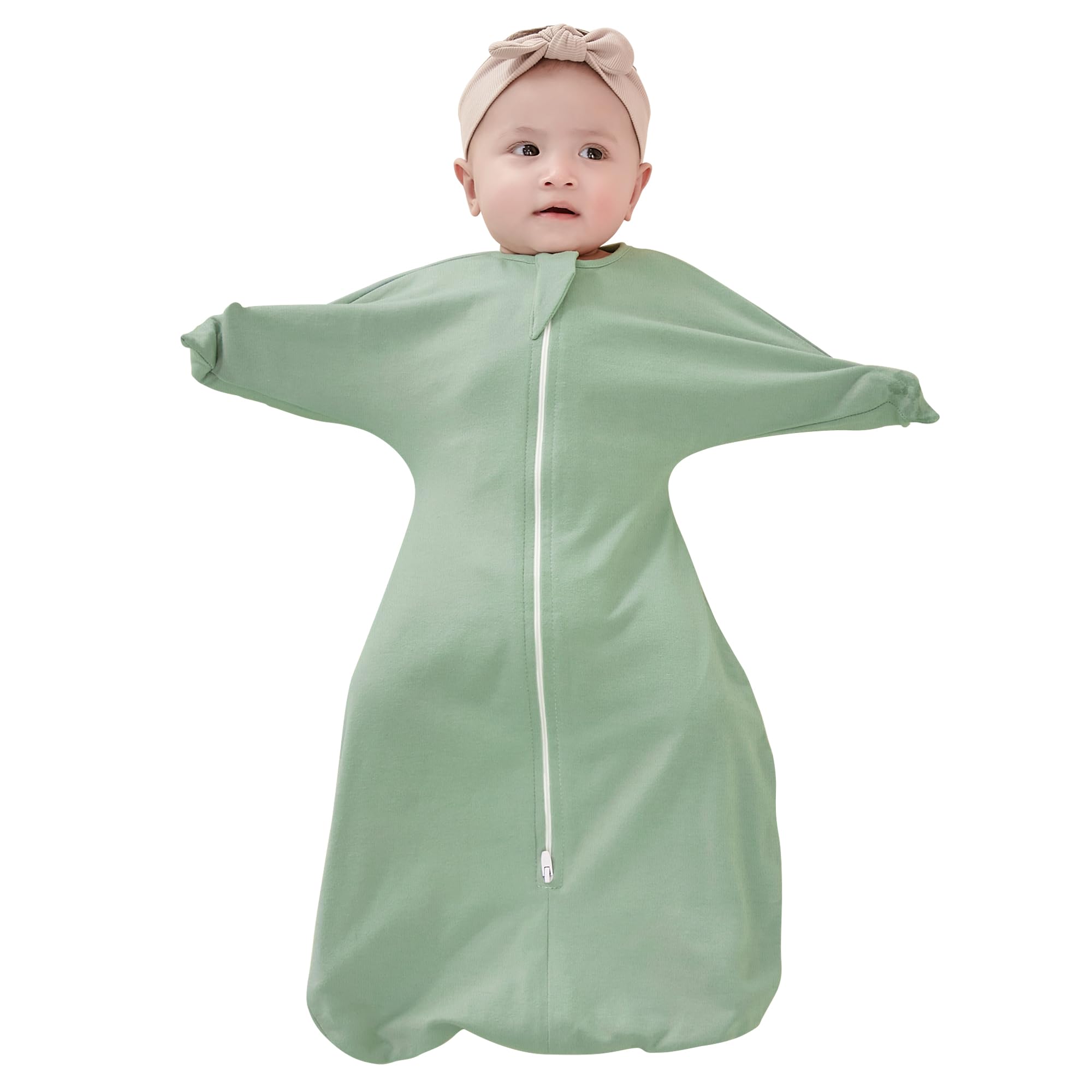 ZIGJOY Shark-Fin Transition Swaddle - 1.0 TOG Baby Sleeping Bag Swaddle Blanket with 2-Way Zipper Newborn Sleep Bag Cotton for All Seasons, Mint Green, 3-6 Months
